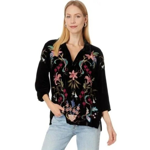 Johnny Was Amarylla Velvet Pop Over Shirt Size S Black Colorful Embroidered - Picture 2 of 8